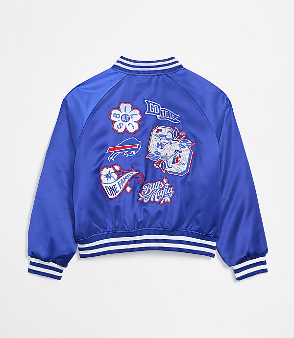 A blue satin bomber jacket with various Buffalo Bills patches is displayed against a plain white background.