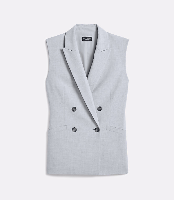 A light gray, double-breasted sleeveless blazer with dark buttons is presented against a plain white background.