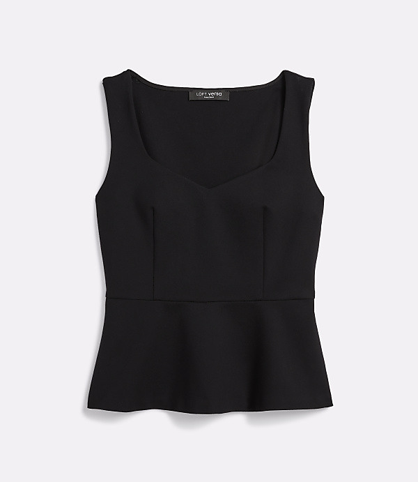 A black sleeveless peplum top with a sweetheart neckline is laid flat against a plain white background.