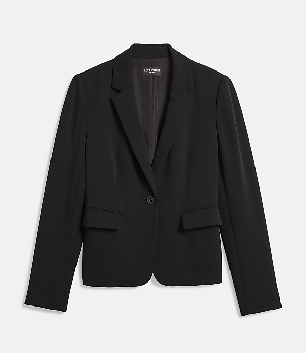 A black blazer with a single button closure is displayed against a plain white background.