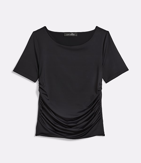 A black, short-sleeved t-shirt with ruched detailing on the side is laid flat against a plain white background.