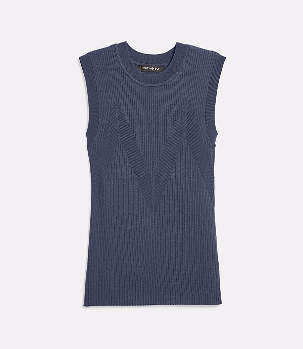 A navy blue sleeveless ribbed knit top with a V-shaped pattern is centered against a plain white background.