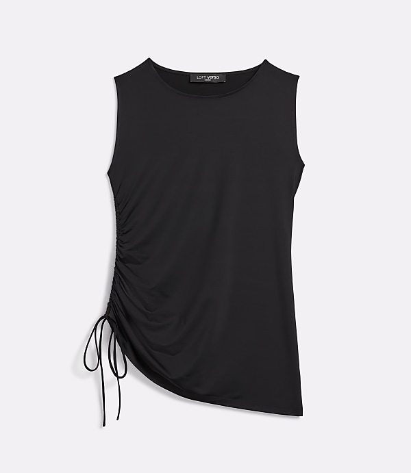 A black sleeveless top with a ruched side detail and drawstrings is presented against a plain white background.