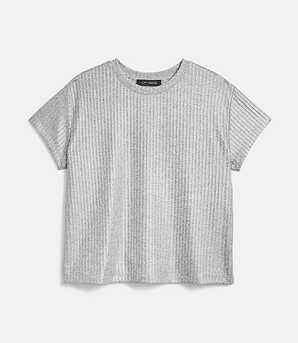 A grey, ribbed t-shirt with short sleeves is laid flat against a plain white background.