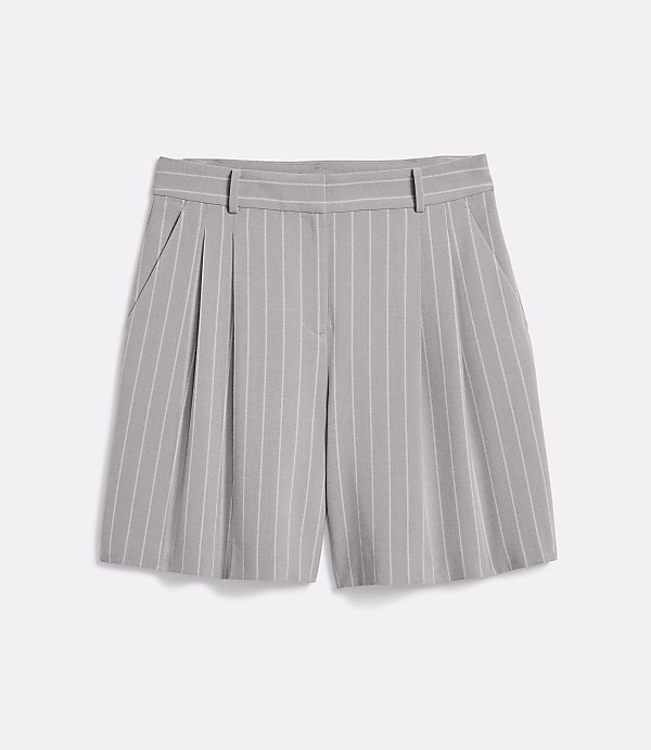 A pair of gray pinstripe shorts with pleats are laid flat against a plain white background.