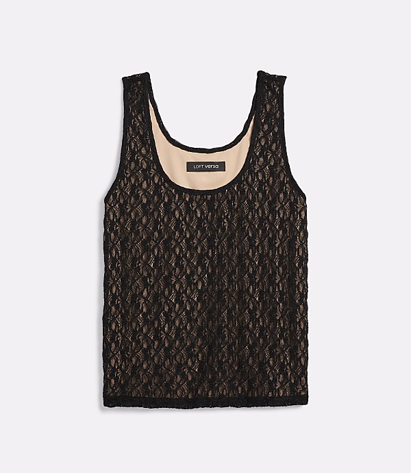A black lace tank top with a nude lining is laid flat against a white background.