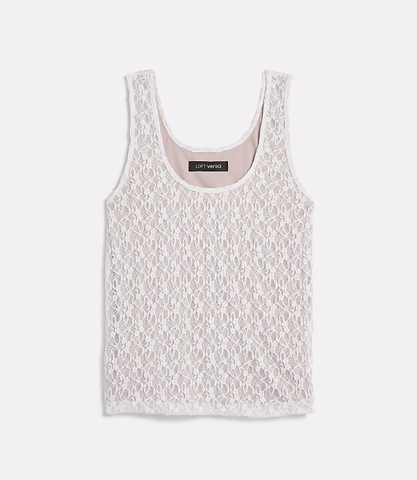 A white lace tank top with a pink lining is laid flat against a plain white background.