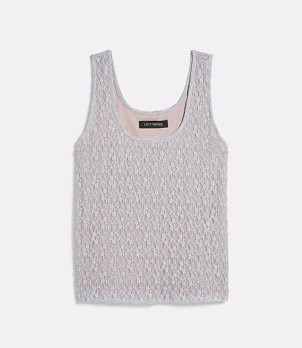 A light gray lace tank top with a pink lining is laid flat against a plain white background.
