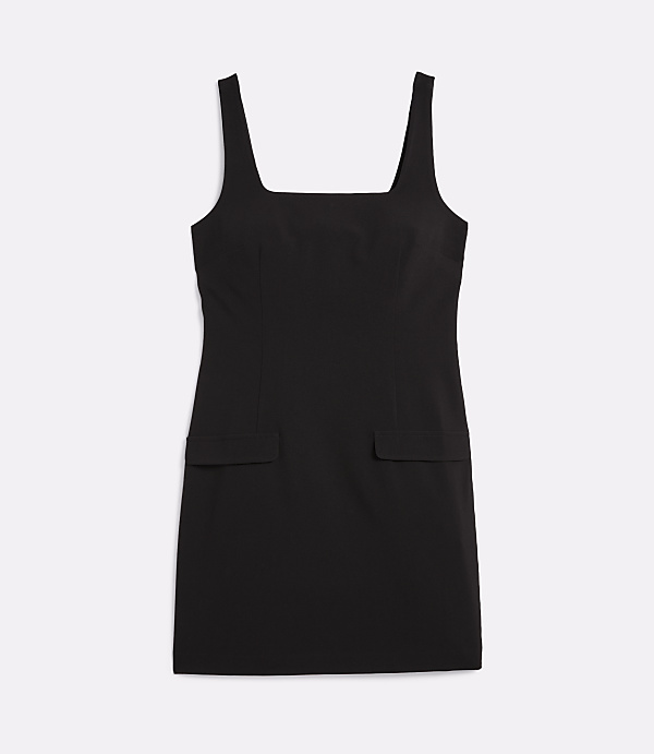 A black sleeveless mini dress with square neckline and two patch pockets is displayed against a plain white background.