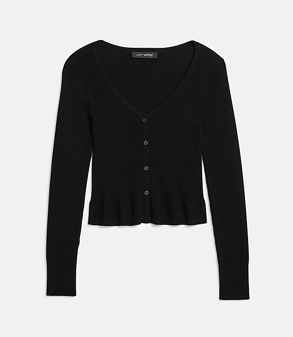 A black ribbed cardigan with a ruffled hem is displayed against a plain white background.
