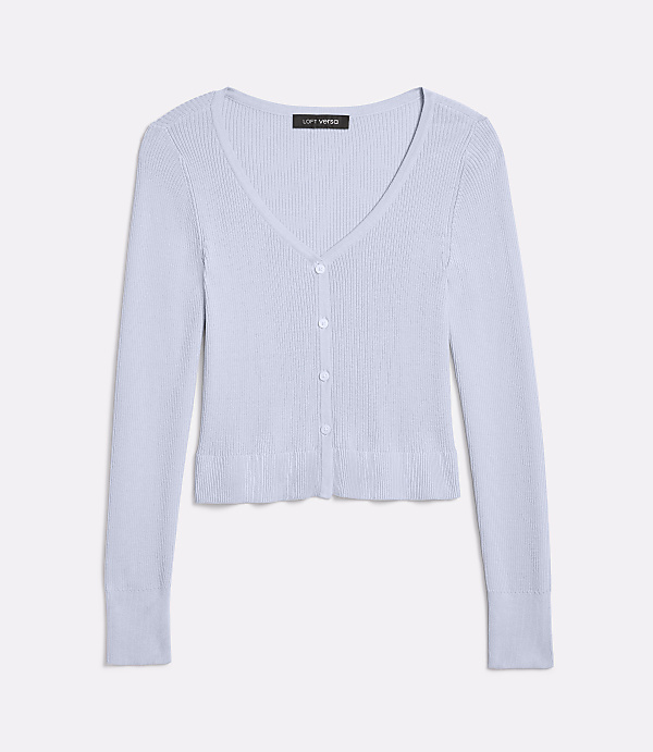 A light blue ribbed knit cardigan with white buttons lies flat against a plain white background.