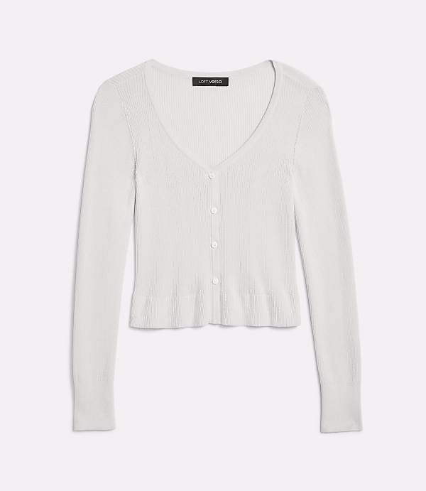 A white ribbed knit cardigan with a V-neck and button closure is laid flat against a plain white background.