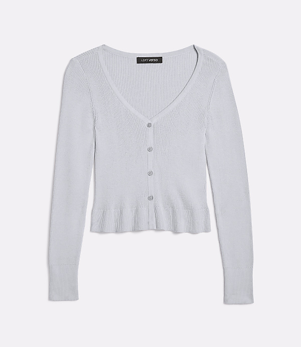 A light blue ribbed cardigan with a ruffled hem is displayed against a plain white background.