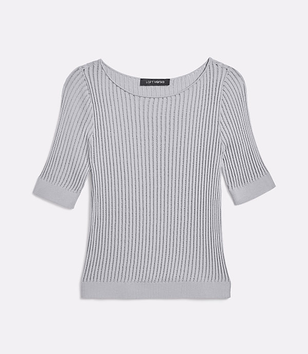 A light gray, ribbed knit top with short sleeves is centered against a plain white background.
