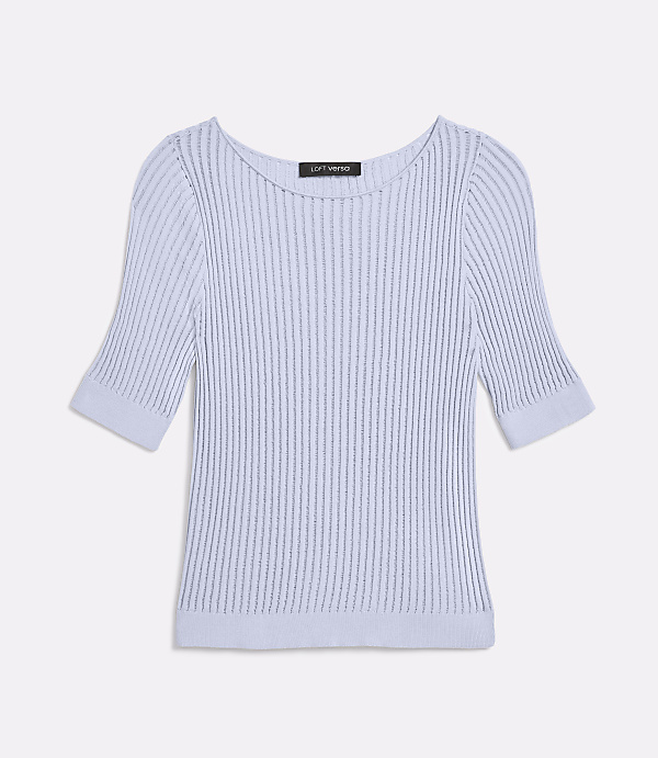 A light blue ribbed knit sweater with short sleeves is laid flat against a plain white background.