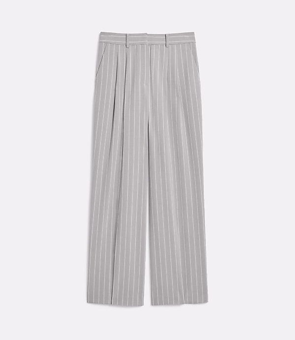 Gray pinstripe wide-leg pants are laid flat against a plain white background.