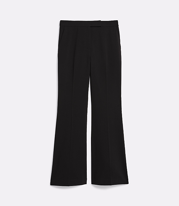 Black flared trousers with a white background.