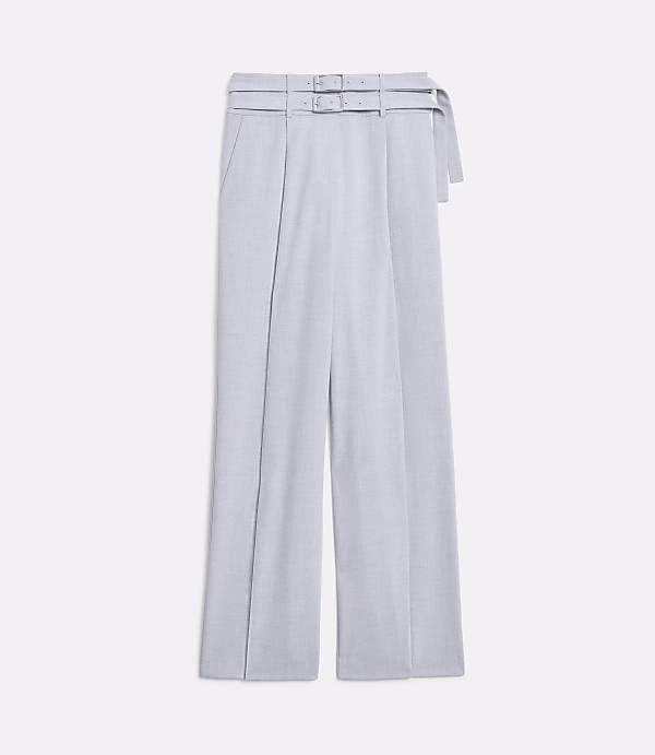 A pair of light gray, wide-leg trousers with a belted waist are displayed against a plain white background.