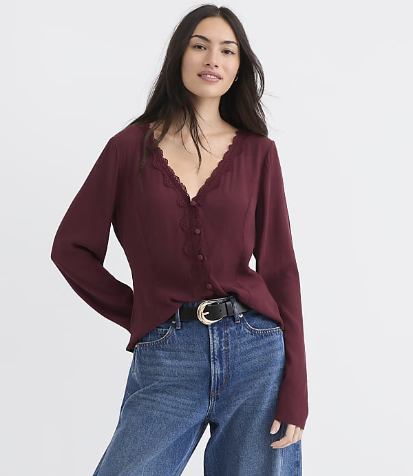 Petite Lace Trim V-Neck Blouse