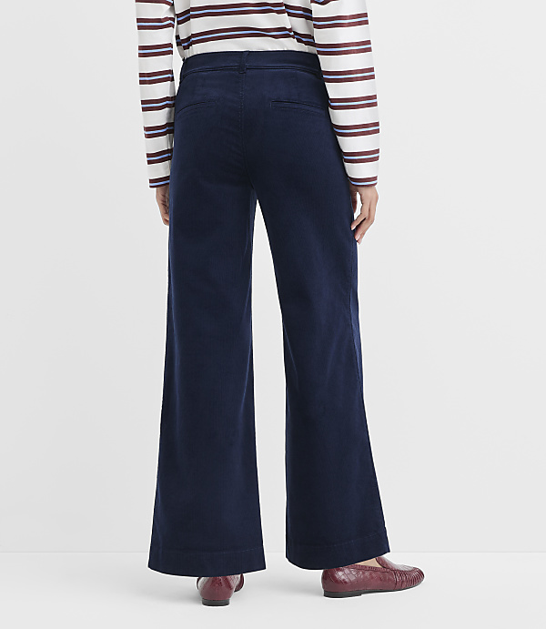 A person wearing navy corduroy wide-leg pants and a striped shirt stands against a plain white background.