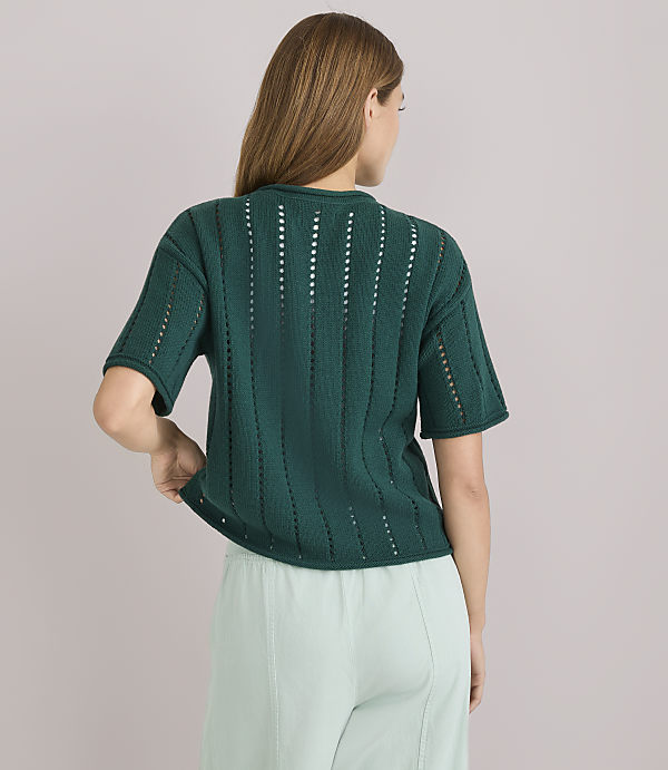 A woman in a green, short-sleeved, open-knit sweater and light green pants stands against a plain white background.