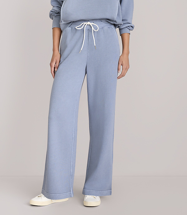 A person wearing light blue wide-leg sweatpants and white sneakers stands against a plain grey background.
