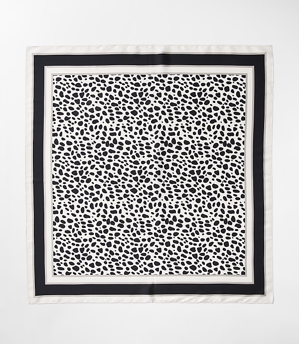 A black and white dalmatian-print scarf with a black border is laid flat against a white background.