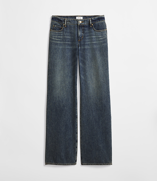 A pair of dark wash wide-leg jeans with a faded appearance are displayed against a plain white background.