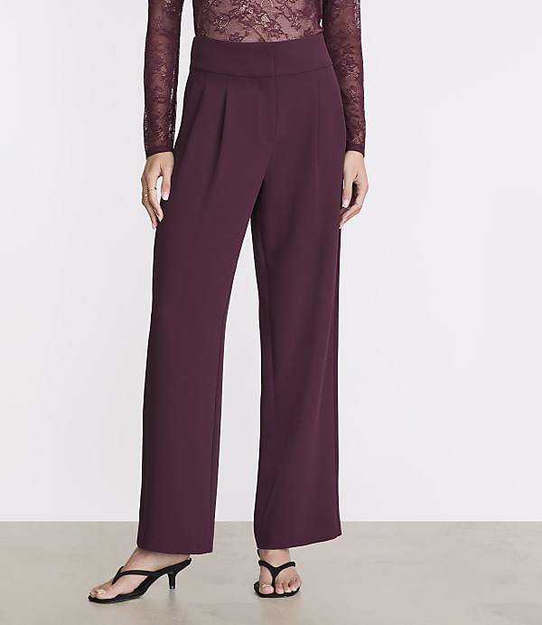 A person in burgundy wide-leg pants and a lace top stands against a plain white background.