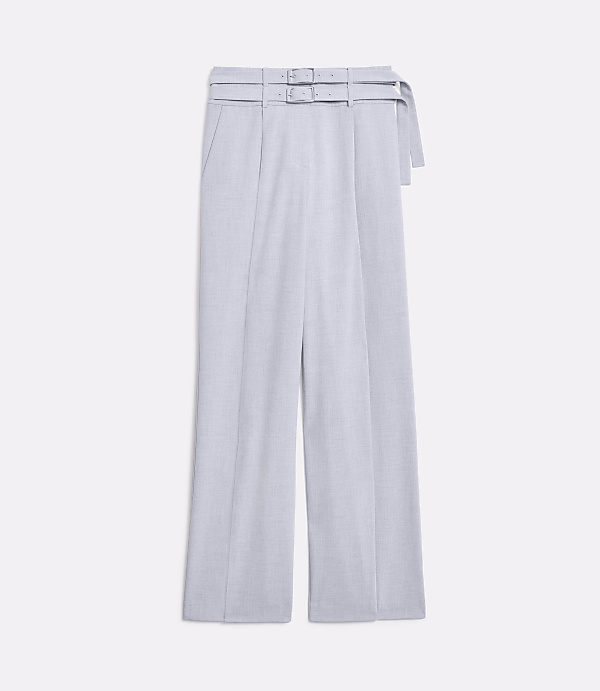 A pair of light gray, wide-leg trousers with a belted waist are displayed against a plain white background.