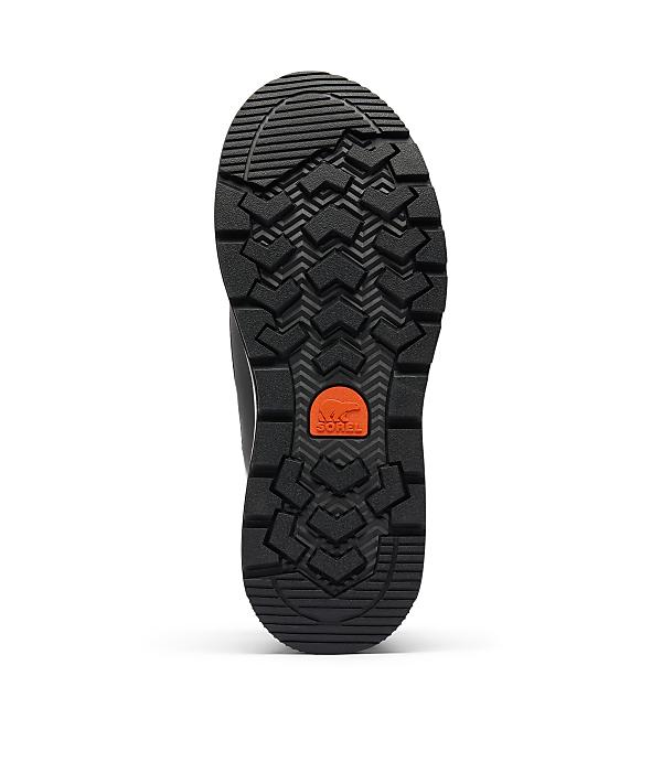 A black boot sole with a rugged tread pattern and an orange logo is centered against a plain white background.