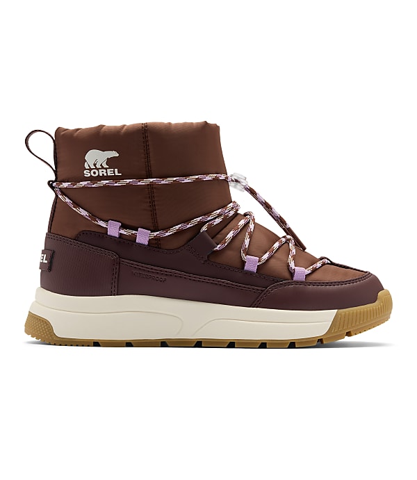 A brown winter boot with purple accents and a white sole stands against a plain white background.