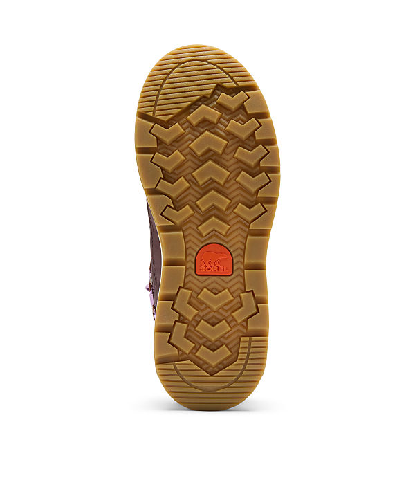 A brown rubber boot sole with a prominent tread pattern and a red Sorel logo is shown against a plain white background.