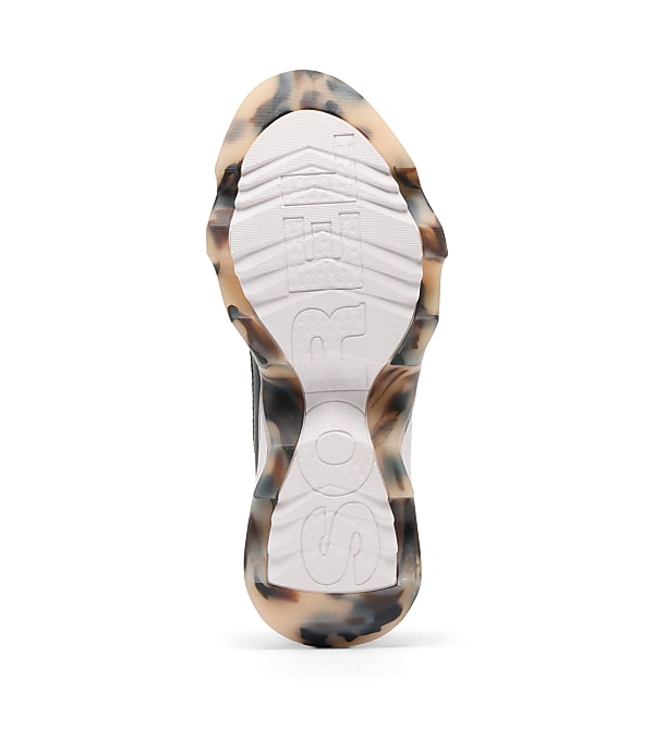 A white sneaker sole with a marbled brown and tan trim is presented against a plain white background.