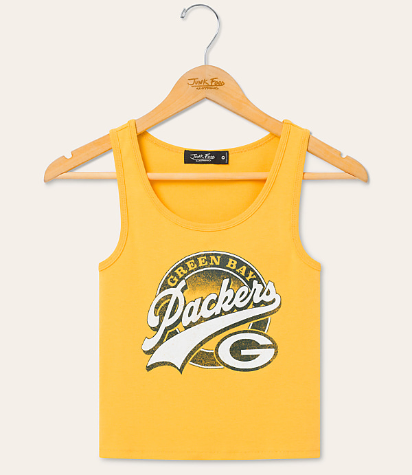 A yellow Green Bay Packers tank top hangs on a wooden hanger against a plain, light-colored background.