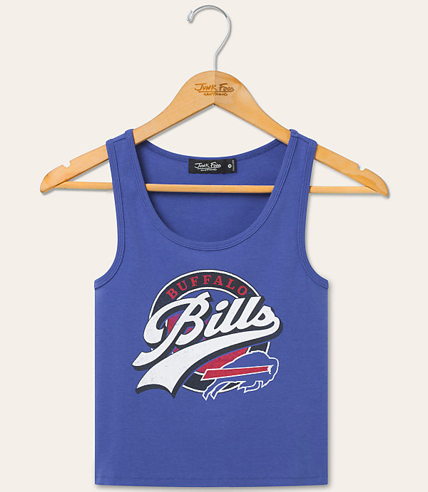 A blue tank top with the Buffalo Bills logo is displayed on a wooden hanger against a plain, light-colored background.
