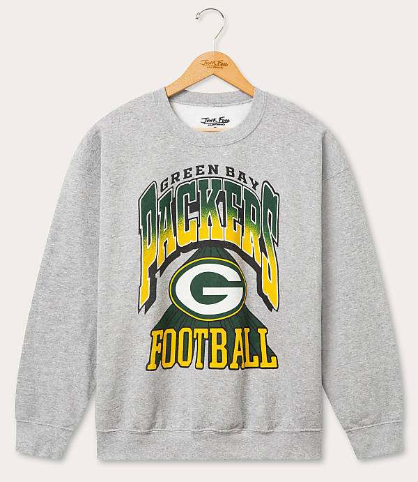 A grey Green Bay Packers sweatshirt with the team's logo and "FOOTBALL" text is displayed against a plain white background.