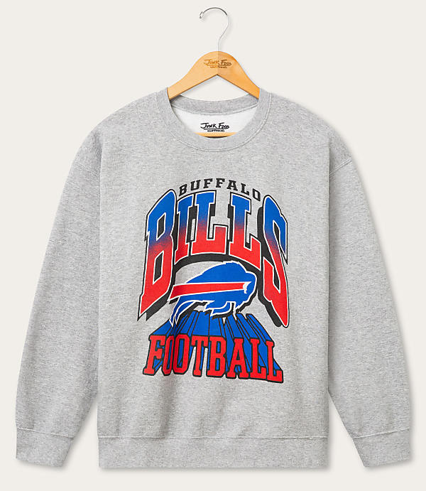 A gray Buffalo Bills football sweatshirt hangs on a wooden hanger against a plain white background.