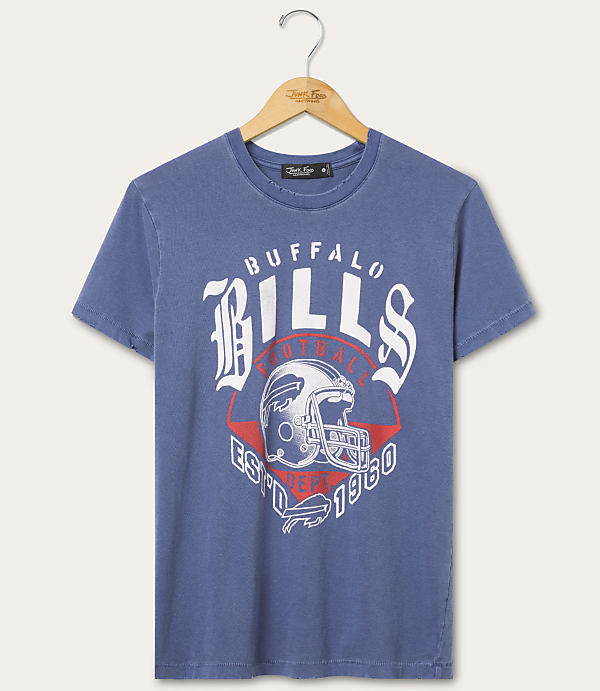 A blue t-shirt with a Buffalo Bills football graphic is displayed on a wooden hanger against a plain white background.