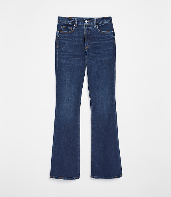 A pair of dark wash, high-waisted flare jeans are displayed against a plain white background.
