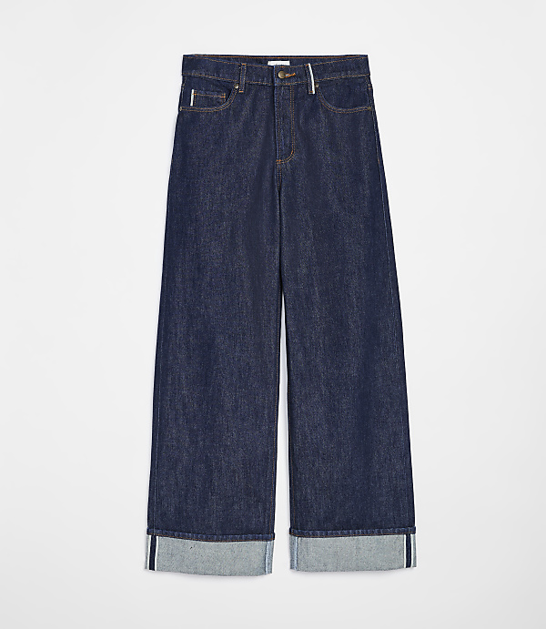 Dark wash denim jeans with cuffed hems are displayed against a plain white background.