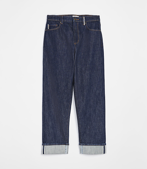 Dark wash denim jeans with cuffed hems are displayed against a plain white background.