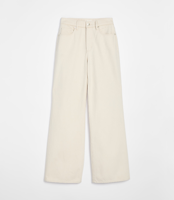 Cream-colored wide-leg pants are laid flat against a plain white background.