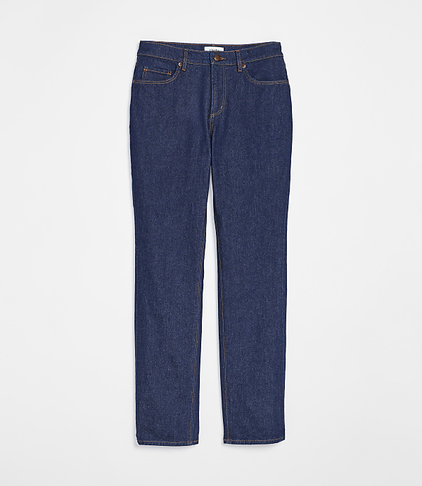A pair of dark wash denim jeans lies flat against a plain white background.