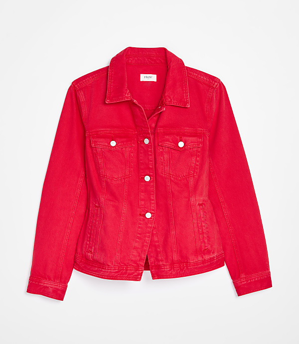 A bright red denim jacket with white buttons is displayed against a plain white background.