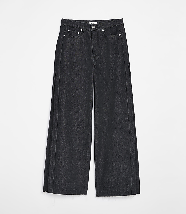 Dark wash wide-leg jeans with a clean white background.