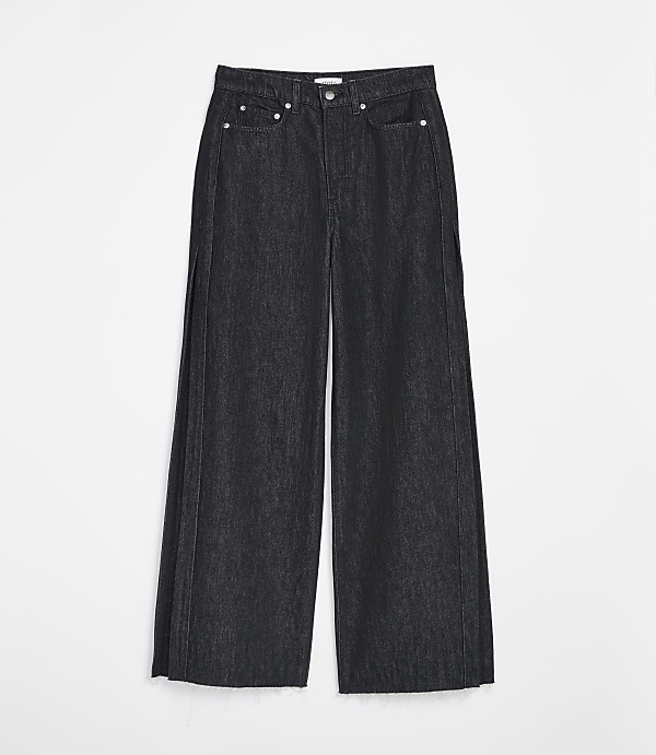 Dark wash wide-leg jeans with a clean white background.