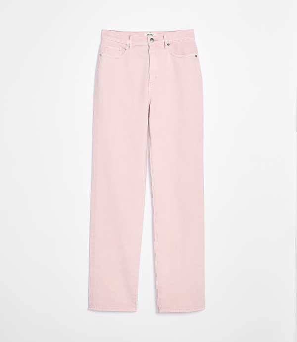 Pale pink wide-leg jeans are displayed against a plain white background.