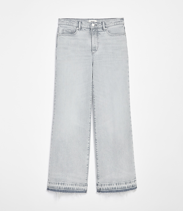 Light wash wide-leg jeans with a frayed hem are displayed against a plain white background.