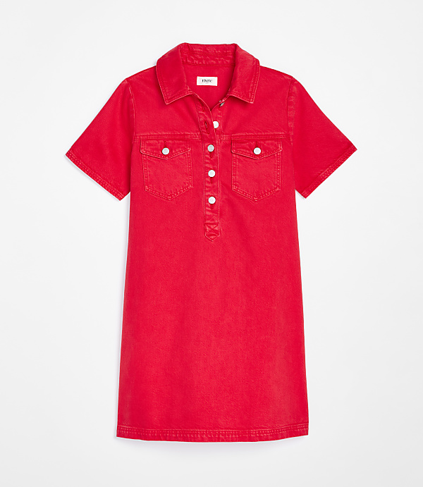 A bright red denim shirtdress with white buttons is displayed against a plain white background.